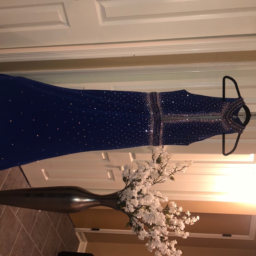 Jovian Royal Blue Beaded Halter Gown